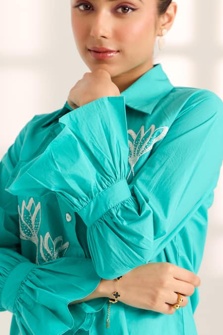 Shop Sonal Pasrija Blue Cotton Beads, Sequins Collared Lily Embellished Shirt With Pant Online at Aza Fashions Shop_Sonal Pasrija_Blue Cotton Beads, Sequins Collared Lily Embellished Shirt With Pant _Online_at_Aza_Fashions