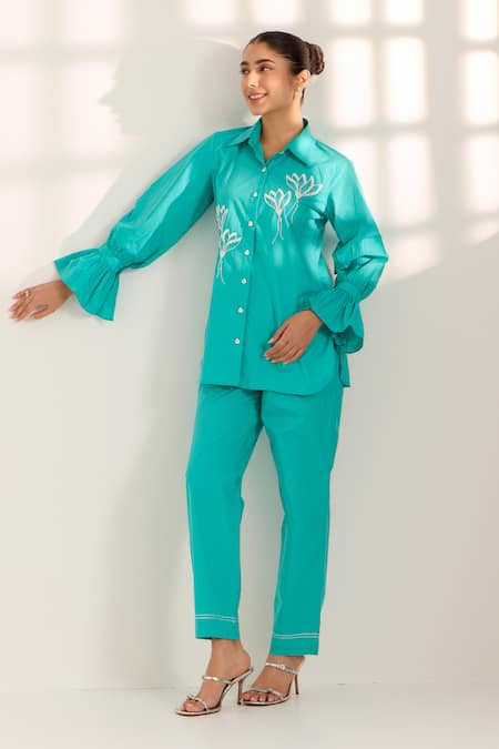 Sonal Pasrija Blue Cotton Beads, Sequins Collared Lily Embellished Shirt With Pant at Aza Fashions Sonal Pasrija_Blue Cotton Beads, Sequins Collared Lily Embellished Shirt With Pant _at_Aza_Fashions
