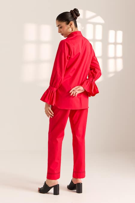 Shop Sonal Pasrija Red Cotton Beads Collared Lily Embellished Shirt With Pant at Aza Fashions Shop_Sonal Pasrija_Red Cotton Beads Collared Lily Embellished Shirt With Pant _at_Aza_Fashions