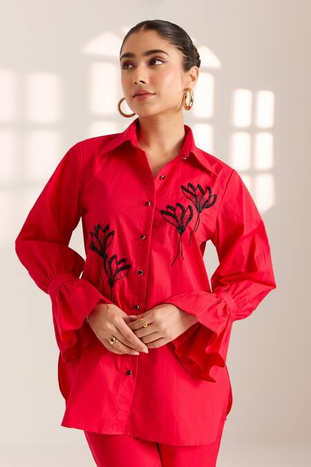 Buy Sonal Pasrija Red Cotton Beads Collared Lily Embellished Shirt With Pant Online at Aza Fashions Buy_Sonal Pasrija_Red Cotton Beads Collared Lily Embellished Shirt With Pant _Online_at_Aza_Fashions