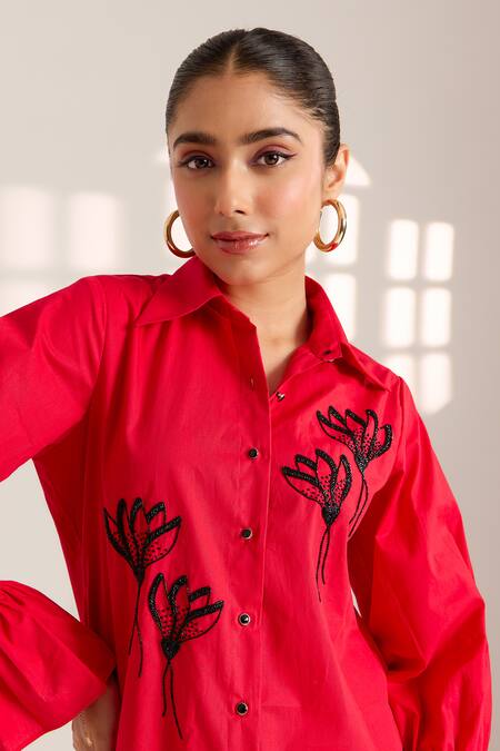 Shop Sonal Pasrija Red Cotton Beads Collared Lily Embellished Shirt With Pant Online at Aza Fashions Shop_Sonal Pasrija_Red Cotton Beads Collared Lily Embellished Shirt With Pant _Online_at_Aza_Fashions