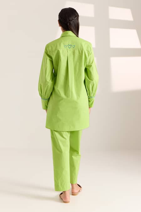 Shop Sonal Pasrija Green Cotton Beads Collared Heart Embellished Shirt With Pant at Aza Fashions Shop_Sonal Pasrija_Green Cotton Beads Collared Heart Embellished Shirt With Pant _at_Aza_Fashions