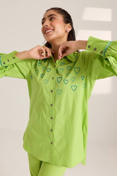 Shop Sonal Pasrija Green Cotton Beads Collared Heart Embellished Shirt With Pant Online at Aza Fashions Shop_Sonal Pasrija_Green Cotton Beads Collared Heart Embellished Shirt With Pant _Online_at_Aza_Fashions