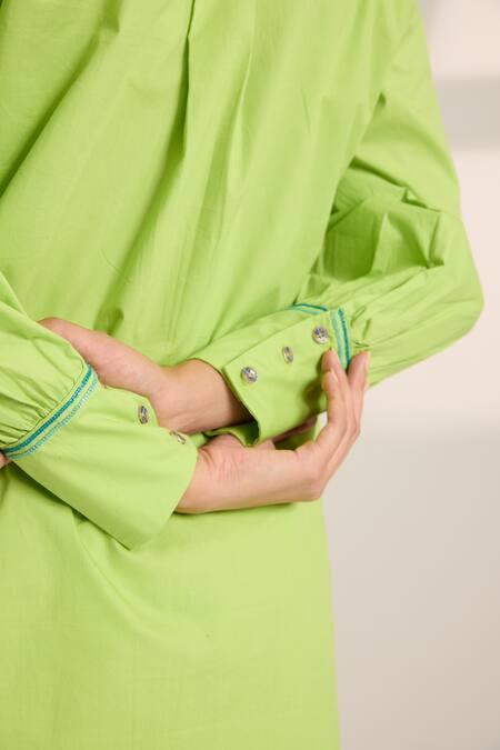 Sonal Pasrija Green Cotton Beads Collared Heart Embellished Shirt With Pant at Aza Fashions Sonal Pasrija_Green Cotton Beads Collared Heart Embellished Shirt With Pant _at_Aza_Fashions