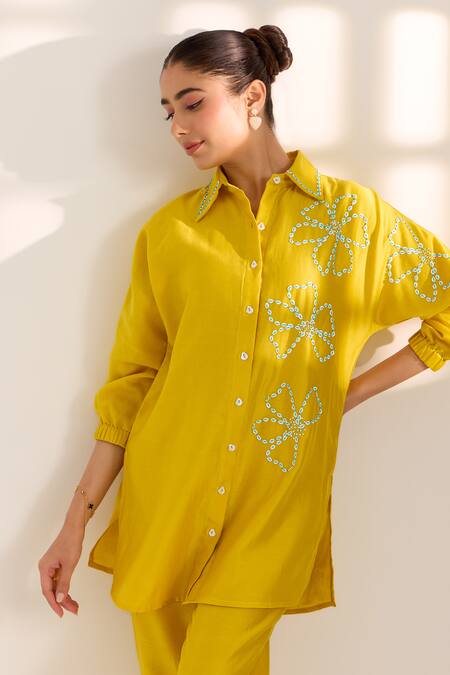 Shop_Sonal Pasrija_Yellow Chanderi Sequins, Beads Collared Blossom Embellished Shirt With Pant _Online_at_Aza_Fashions