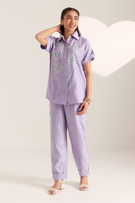 Buy Sonal Pasrija Purple Chanderi Beads Collared Floral Embellished Shirt With Pant Online at Aza Fashions Buy_Sonal Pasrija_Purple Chanderi Beads Collared Floral Embellished Shirt With Pant _Online_at_Aza_Fashions
