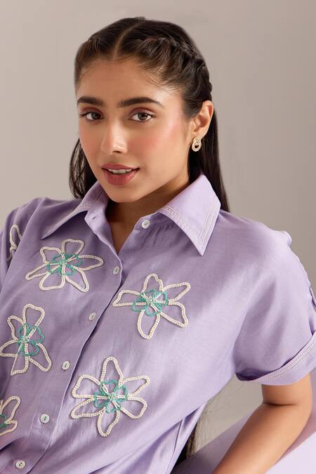 Sonal Pasrija Purple Chanderi Beads Collared Floral Embellished Shirt With Pant at Aza Fashions Sonal Pasrija_Purple Chanderi Beads Collared Floral Embellished Shirt With Pant _at_Aza_Fashions