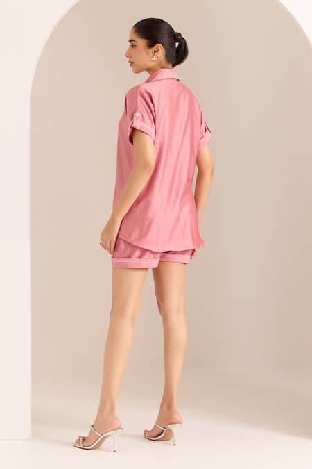 Shop Sonal Pasrija Pink Chanderi Beads Collared Embellished Shirt With Shorts at Aza Fashions Shop_Sonal Pasrija_Pink Chanderi Beads Collared Embellished Shirt With Shorts _at_Aza_Fashions