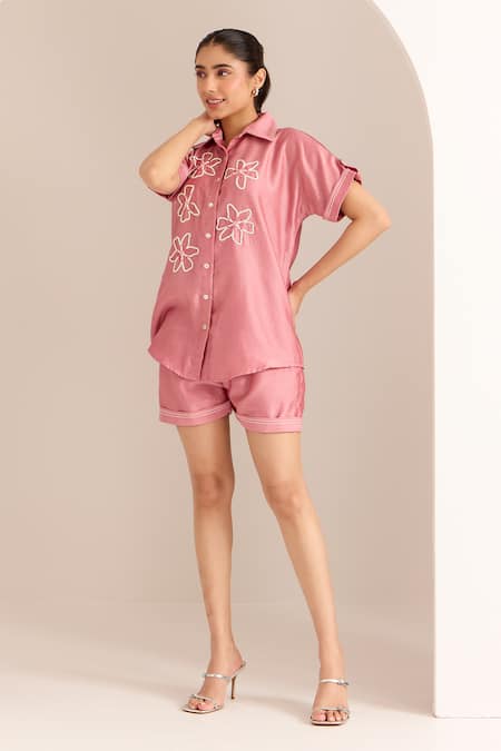Sonal Pasrija Pink Chanderi Beads Collared Embellished Shirt With Shorts Online at Aza Fashions Sonal Pasrija_Pink Chanderi Beads Collared Embellished Shirt With Shorts _Online_at_Aza_Fashions