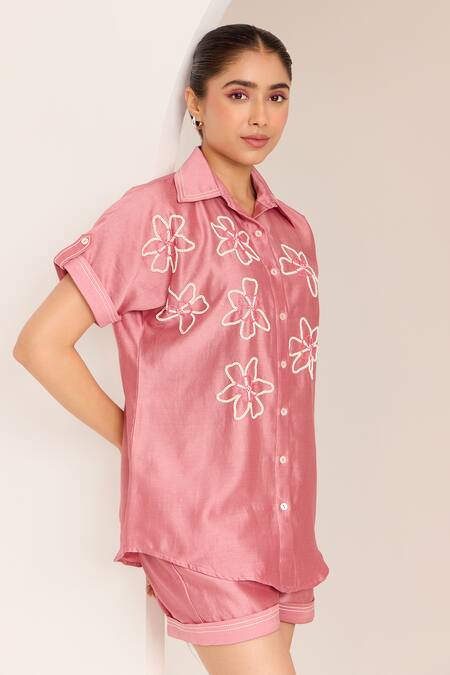 Shop Sonal Pasrija Pink Chanderi Beads Collared Embellished Shirt With Shorts Online at Aza Fashions Shop_Sonal Pasrija_Pink Chanderi Beads Collared Embellished Shirt With Shorts _Online_at_Aza_Fashions