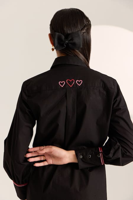 Shop Sonal Pasrija Black Cotton Beads Collared Heart Embellished Shirt With Shorts at Aza Fashions Shop_Sonal Pasrija_Black Cotton Beads Collared Heart Embellished Shirt With Shorts _at_Aza_Fashions
