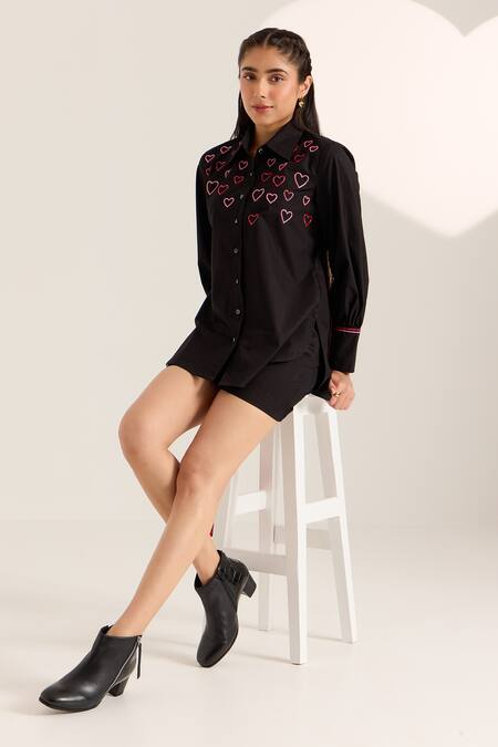 Buy Sonal Pasrija Black Cotton Beads Collared Heart Embellished Shirt With Shorts Online at Aza Fashions Buy_Sonal Pasrija_Black Cotton Beads Collared Heart Embellished Shirt With Shorts _Online_at_Aza_Fashions