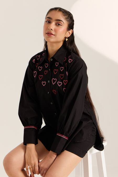 Shop Sonal Pasrija Black Cotton Beads Collared Heart Embellished Shirt With Shorts Online at Aza Fashions Shop_Sonal Pasrija_Black Cotton Beads Collared Heart Embellished Shirt With Shorts _Online_at_Aza_Fashions