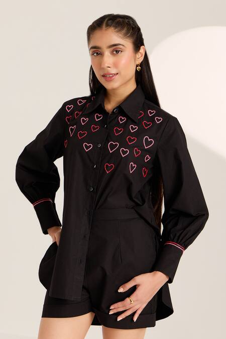 Sonal Pasrija Black Cotton Beads Collared Heart Embellished Shirt With Shorts at Aza Fashions Sonal Pasrija_Black Cotton Beads Collared Heart Embellished Shirt With Shorts _at_Aza_Fashions