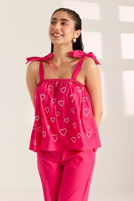 Buy Sonal Pasrija Pink Cotton Beads Square Neck Heart Embellished Top With Pant Online at Aza Fashions Buy_Sonal Pasrija_Pink Cotton Beads Square Neck Heart Embellished Top With Pant _Online_at_Aza_Fashions