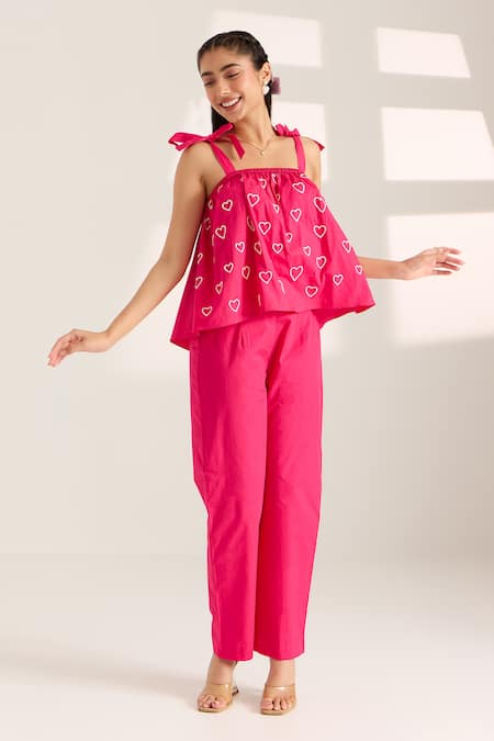 Sonal Pasrija Pink Cotton Beads Square Neck Heart Embellished Top With Pant at Aza Fashions Sonal Pasrija_Pink Cotton Beads Square Neck Heart Embellished Top With Pant _at_Aza_Fashions