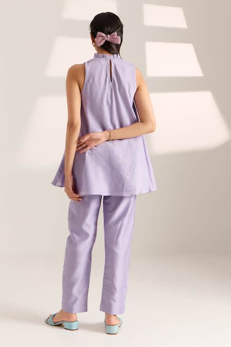 Shop Sonal Pasrija Purple Chanderi Beads, Sequins Collared Floral Embellished Top With Pant at Aza Fashions Shop_Sonal Pasrija_Purple Chanderi Beads, Sequins Collared Floral Embellished Top With Pant _at_Aza_Fashions