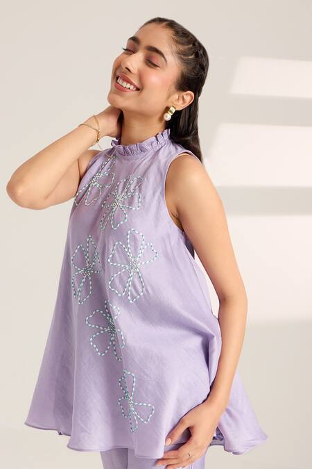 Sonal Pasrija Purple Chanderi Beads, Sequins Collared Floral Embellished Top With Pant at Aza Fashions Sonal Pasrija_Purple Chanderi Beads, Sequins Collared Floral Embellished Top With Pant _at_Aza_Fashions