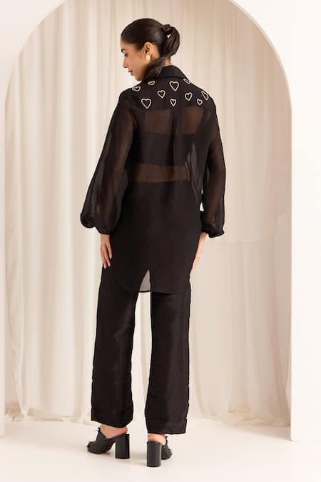 Shop Sonal Pasrija Black Silk, Organza Beads Collared Embellished High-low Shirt With Pant at Aza Fashions Shop_Sonal Pasrija_Black Silk, Organza Beads Collared Embellished High-low Shirt With Pant _at_Aza_Fashions