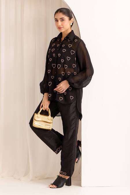 Sonal Pasrija Black Silk, Organza Beads Collared Embellished High-low Shirt With Pant Online at Aza Fashions Sonal Pasrija_Black Silk, Organza Beads Collared Embellished High-low Shirt With Pant _Online_at_Aza_Fashions