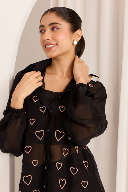 Shop Sonal Pasrija Black Silk, Organza Beads Collared Embellished High-low Shirt With Pant Online at Aza Fashions Shop_Sonal Pasrija_Black Silk, Organza Beads Collared Embellished High-low Shirt With Pant _Online_at_Aza_Fashions