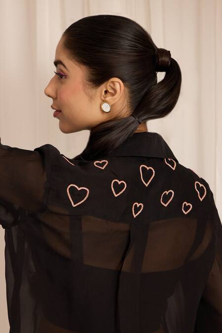 Sonal Pasrija Black Silk, Organza Beads Collared Embellished High-low Shirt With Pant at Aza Fashions Sonal Pasrija_Black Silk, Organza Beads Collared Embellished High-low Shirt With Pant _at_Aza_Fashions