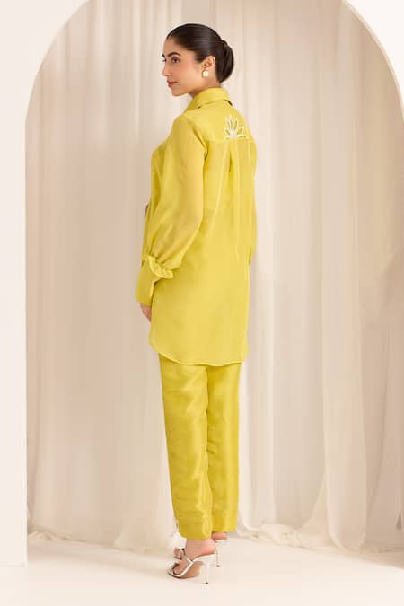 Shop Sonal Pasrija Yellow Silk, Organza Beads Collared, Round Embellished High-low Shirt With Pant at Aza Fashions Shop_Sonal Pasrija_Yellow Silk, Organza Beads Collared, Round Embellished High-low Shirt With Pant _at_Aza_Fashions