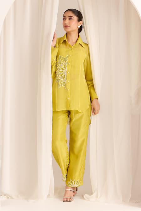 Buy Sonal Pasrija Yellow Silk, Organza Beads Collared, Round Embellished High-low Shirt With Pant Online at Aza Fashions Buy_Sonal Pasrija_Yellow Silk, Organza Beads Collared, Round Embellished High-low Shirt With Pant _Online_at_Aza_Fashions