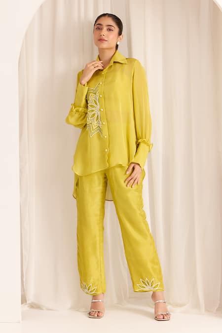 Shop Sonal Pasrija Yellow Silk, Organza Beads Collared, Round Embellished High-low Shirt With Pant Online at Aza Fashions Shop_Sonal Pasrija_Yellow Silk, Organza Beads Collared, Round Embellished High-low Shirt With Pant _Online_at_Aza_Fashions