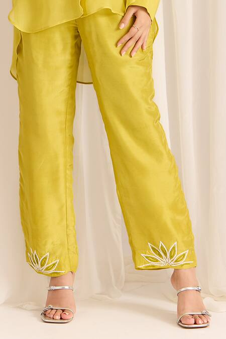 Sonal Pasrija Yellow Silk, Organza Beads Collared, Round Embellished High-low Shirt With Pant at Aza Fashions Sonal Pasrija_Yellow Silk, Organza Beads Collared, Round Embellished High-low Shirt With Pant _at_Aza_Fashions