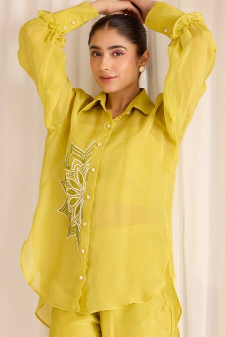 Buy Sonal Pasrija Yellow Silk, Organza Beads Collared, Round Embellished High-low Shirt With Pant Buy_Sonal Pasrija_Yellow Silk, Organza Beads Collared, Round Embellished High-low Shirt With Pant