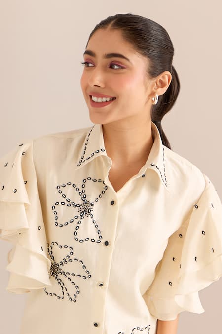 Sonal Pasrija_Ivory Chanderi Beads, Sequins Collared Embellished Shirt Dress _Online_at_Aza_Fashions