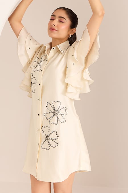 Buy_Sonal Pasrija_Ivory Chanderi Beads, Sequins Collared Embellished Shirt Dress _Online_at_Aza_Fashions