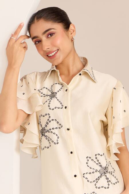 Shop_Sonal Pasrija_Ivory Chanderi Beads, Sequins Collared Embellished Shirt Dress _Online_at_Aza_Fashions