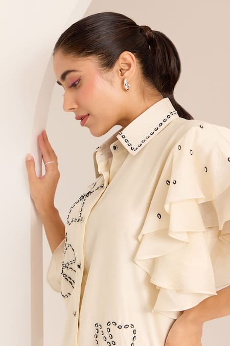 Sonal Pasrija_Ivory Chanderi Beads, Sequins Collared Embellished Shirt Dress _at_Aza_Fashions