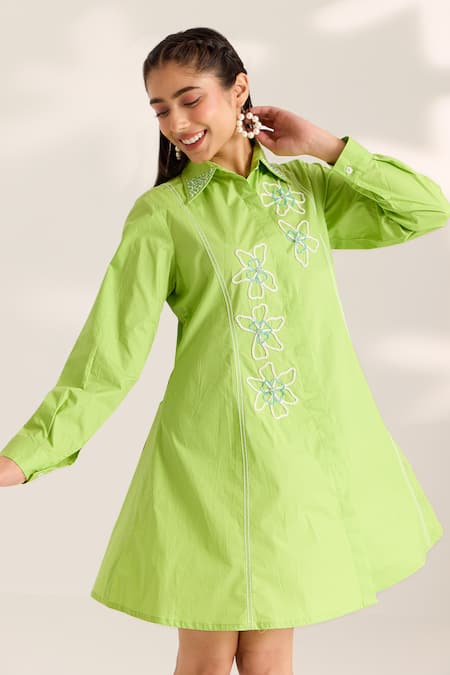 Sonal Pasrija Green Cotton Beads Collared Floral Embellished Shirt Dress Online at Aza Fashions Sonal Pasrija_Green Cotton Beads Collared Floral Embellished Shirt Dress _Online_at_Aza_Fashions