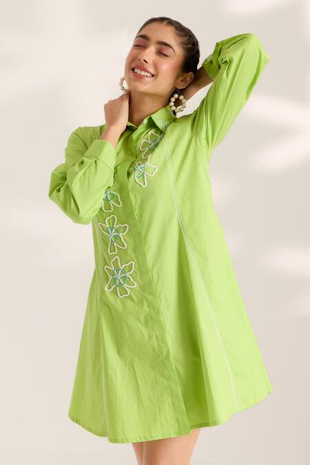 Buy Sonal Pasrija Green Cotton Beads Collared Floral Embellished Shirt Dress Online at Aza Fashions Buy_Sonal Pasrija_Green Cotton Beads Collared Floral Embellished Shirt Dress _Online_at_Aza_Fashions