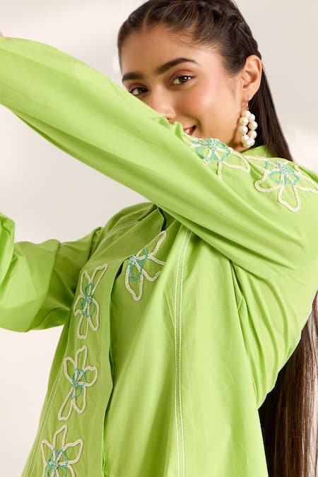 Shop Sonal Pasrija Green Cotton Beads Collared Floral Embellished Shirt Dress Online at Aza Fashions Shop_Sonal Pasrija_Green Cotton Beads Collared Floral Embellished Shirt Dress _Online_at_Aza_Fashions