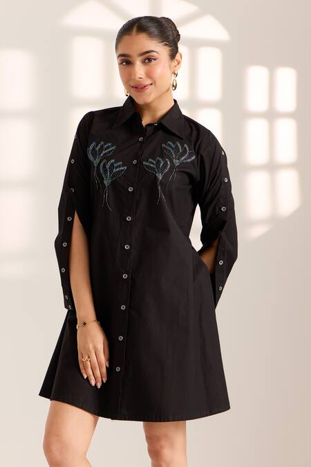 Shop Sonal Pasrija Black Cotton Beads Collared Lily Embellished Shirt Dress Online at Aza Fashions Shop_Sonal Pasrija_Black Cotton Beads Collared Lily Embellished Shirt Dress _Online_at_Aza_Fashions