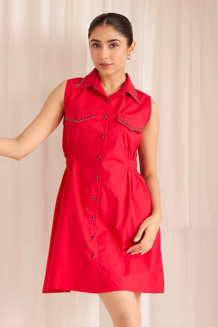 Shop Sonal Pasrija Red Cotton Studs Collared Embellished Shirt Dress Online at Aza Fashions Shop_Sonal Pasrija_Red Cotton Studs Collared Embellished Shirt Dress _Online_at_Aza_Fashions