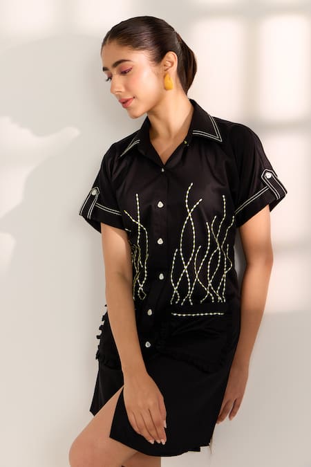 Shop Sonal Pasrija Black Cotton Sequins, Beads Collared Wave Embellished Shirt Dress Online at Aza Fashions Shop_Sonal Pasrija_Black Cotton Sequins, Beads Collared Wave Embellished Shirt Dress _Online_at_Aza_Fashions