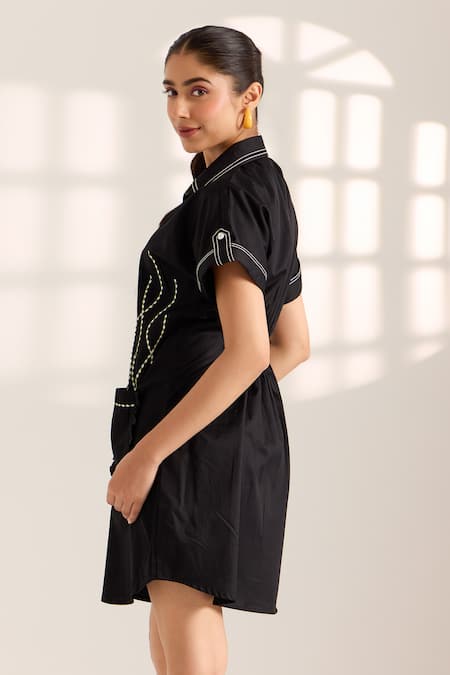 Sonal Pasrija Black Cotton Sequins, Beads Collared Wave Embellished Shirt Dress at Aza Fashions Sonal Pasrija_Black Cotton Sequins, Beads Collared Wave Embellished Shirt Dress _at_Aza_Fashions