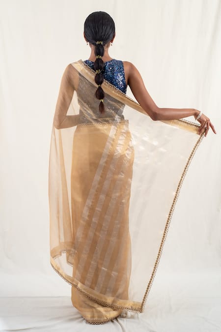 Shop_Priyanka Raajiv_Gold , Mapusa Geometric Pattern Saree With Unstitched Blouse Piece _at_Aza_Fashions