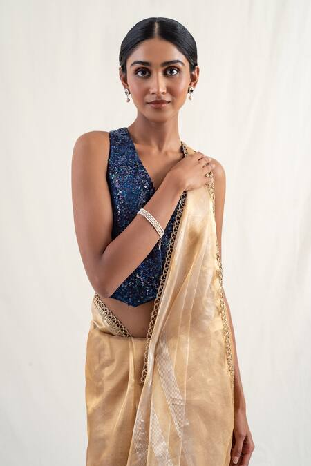 Shop_Priyanka Raajiv_Gold , Mapusa Geometric Pattern Saree With Unstitched Blouse Piece _Online_at_Aza_Fashions