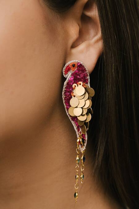 Moirra_Magenta Feathers, Brooches Mithoo Peeta Dabka Embroidered Danglers _Online_at_Aza_Fashions