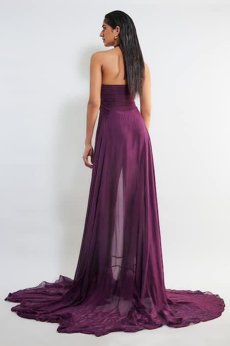 Shop Deme By Gabriella Purple Chiffon, Maheshwari Halter Neck Kerstin Ruched Pleated Gown at Aza Fashions Shop_Deme By Gabriella_Purple Chiffon, Maheshwari Halter Neck Kerstin Ruched Pleated Gown _at_Aza_Fashions