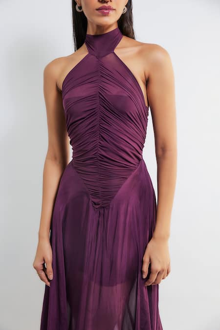Deme By Gabriella Purple Chiffon, Maheshwari Halter Neck Kerstin Ruched Pleated Gown Online at Aza Fashions Deme By Gabriella_Purple Chiffon, Maheshwari Halter Neck Kerstin Ruched Pleated Gown _Online_at_Aza_Fashions