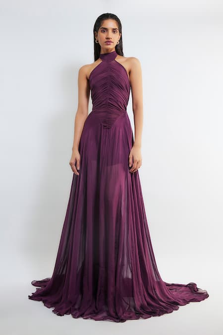 Buy Deme By Gabriella Purple Chiffon, Maheshwari Halter Neck Kerstin Ruched Pleated Gown Online at Aza Fashions Buy_Deme By Gabriella_Purple Chiffon, Maheshwari Halter Neck Kerstin Ruched Pleated Gown _Online_at_Aza_Fashions