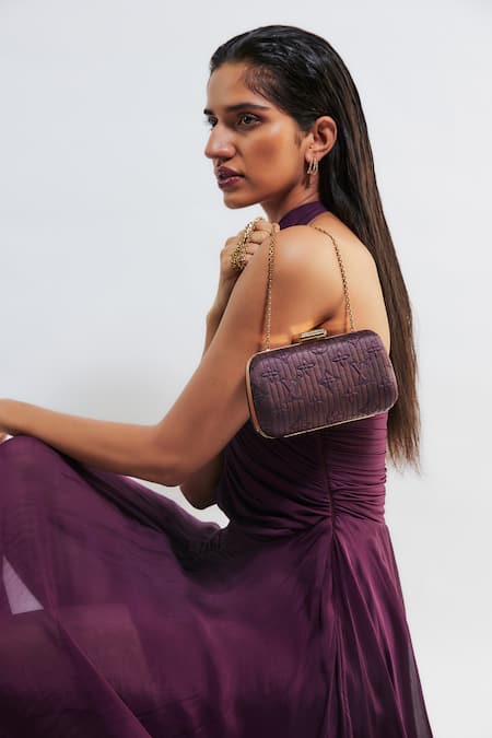 Shop Deme By Gabriella Purple Chiffon, Maheshwari Halter Neck Kerstin Ruched Pleated Gown Online at Aza Fashions Shop_Deme By Gabriella_Purple Chiffon, Maheshwari Halter Neck Kerstin Ruched Pleated Gown _Online_at_Aza_Fashions
