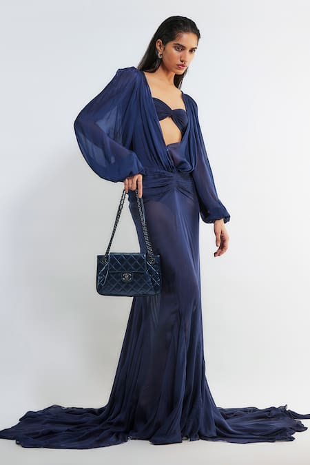 Deme By Gabriella Blue Chiffon, Lycra, Maheshwari Freja Puffed Sleeve Top And Draped Skirt Set Online at Aza Fashions Deme By Gabriella_Blue Chiffon, Lycra, Maheshwari Freja Puffed Sleeve Top And Draped Skirt Set _Online_at_Aza_Fashions